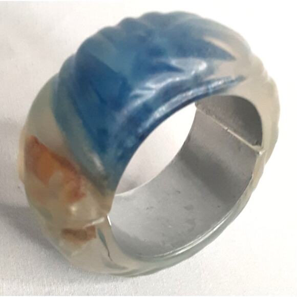 Chunky Smokey Acrylic Hinge Bracelet Blue Beige  Textured Pattern - Picture 6 of 10